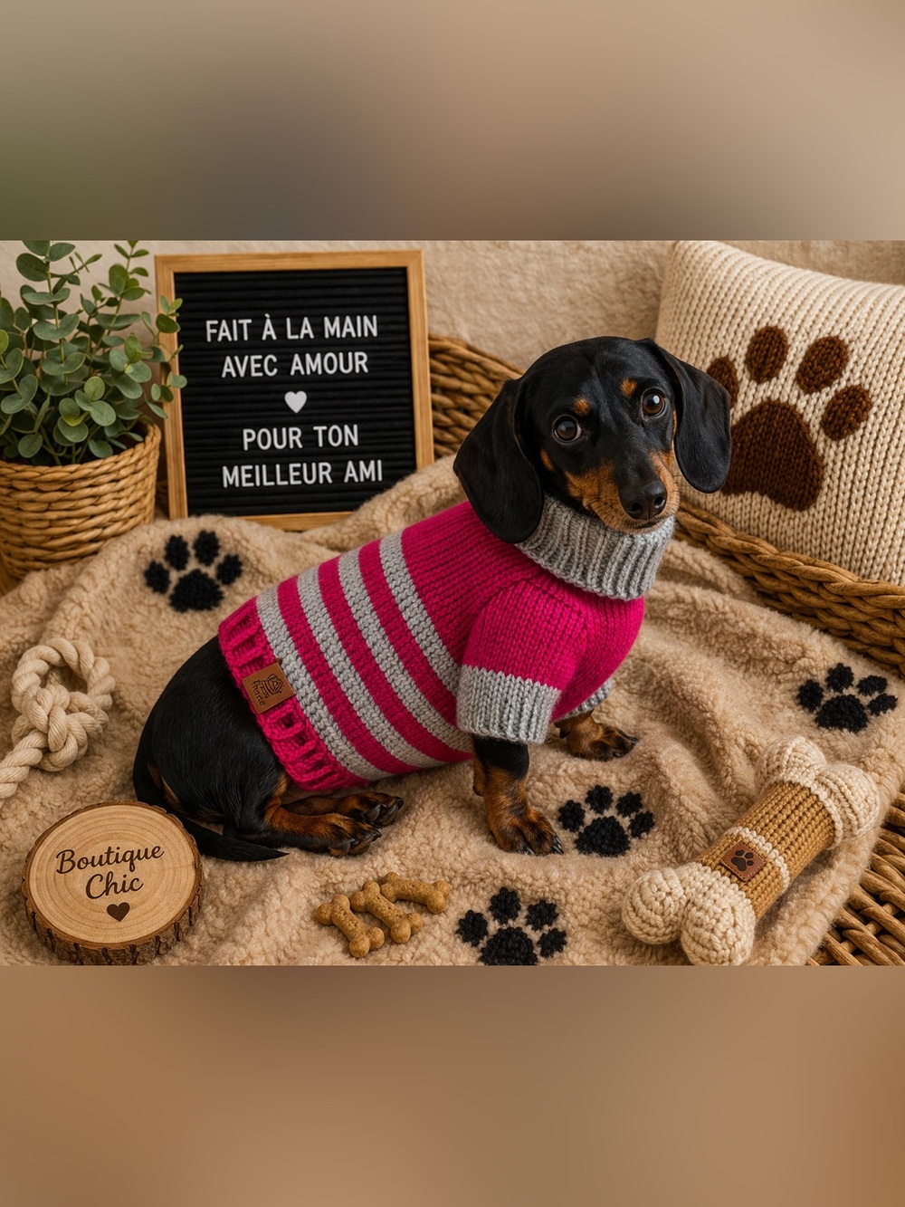 Handmade Pink & Gray Knit Dog Sweater - Cozy Pet Pullover